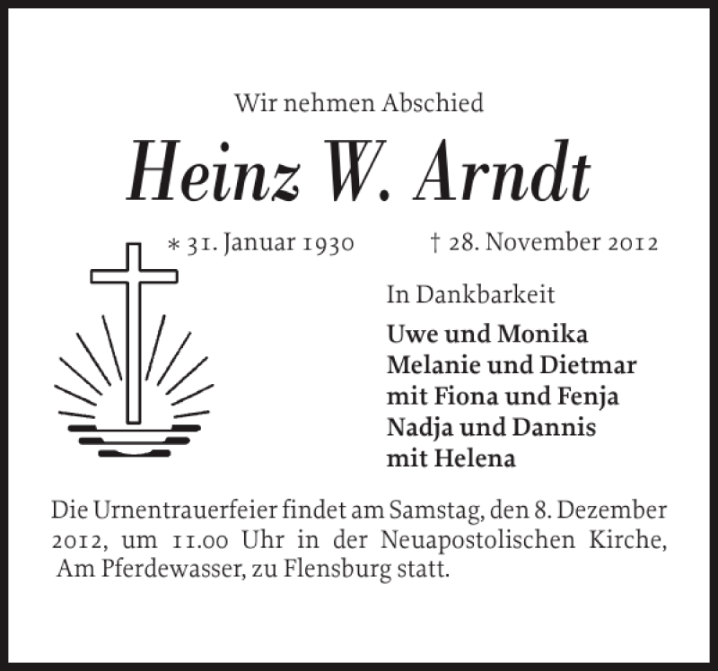  Traueranzeige für Heinz W. Arndt vom 05.12.2012 aus Flensburger Tageblatt