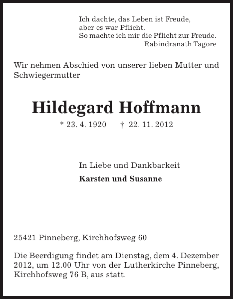  Traueranzeige für Hildegard Hoffmann vom 01.12.2012 aus Pinneberger Tageblatt