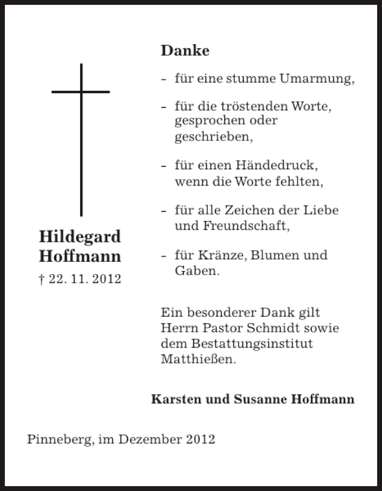  Traueranzeige für Hildegard Hoffmann vom 15.12.2012 aus Pinneberger Tageblatt
