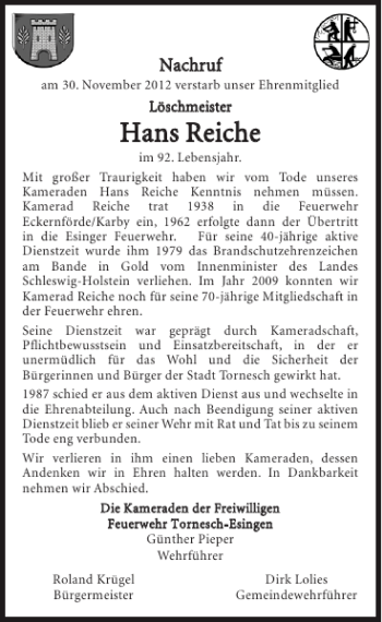 Traueranzeige von Him Lebensjahr. Haannss RReeiicchhee von Pinneberger Tageblatt