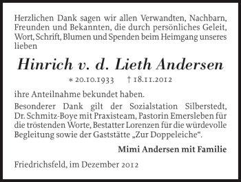 Traueranzeige von Hinrich v. d. Lieth Andersen von Flensburger Tageblatt