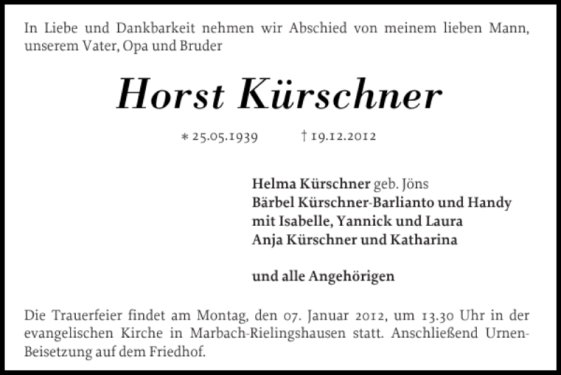 Traueranzeige für Horst Kürschner vom 24.12.2012 aus Schleswiger Nachrichten