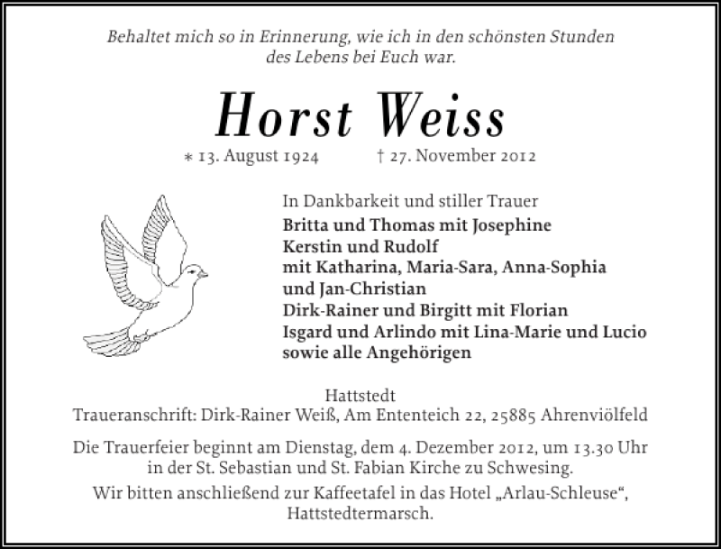 Traueranzeige für Horst Weiss vom 01.12.2012 aus Husumer Nachrichten