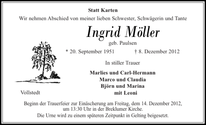  Traueranzeige für Ingrid Möller vom 13.12.2012 aus Husumer Nachrichten