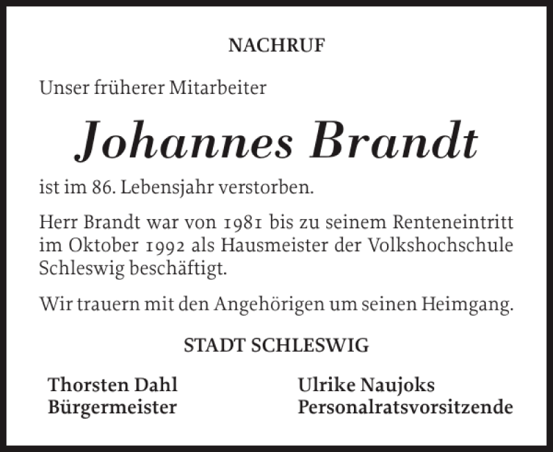  Traueranzeige für Johannes Brandt vom 21.12.2012 aus Schleswiger Nachrichten