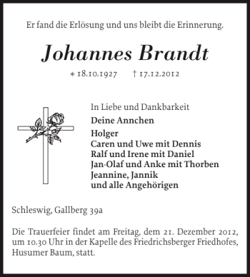 Traueranzeige von Johannes Brandt von Schleswiger Nachrichten