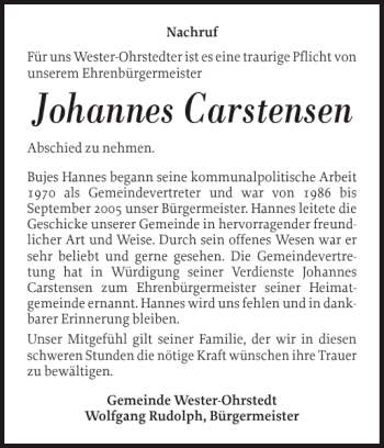 Traueranzeige von Johannes Carstensen von Husumer Nachrichten