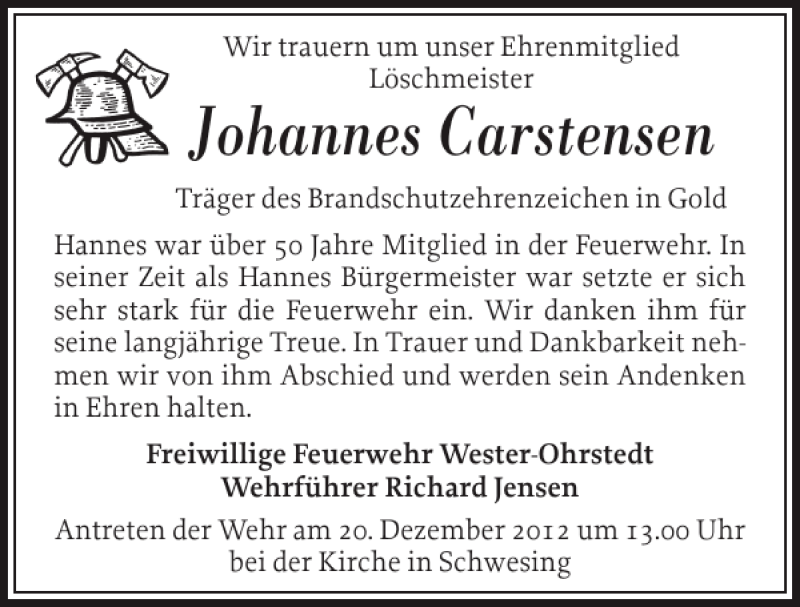  Traueranzeige für Johannes Carstensen vom 19.12.2012 aus Husumer Nachrichten