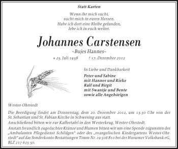 Traueranzeige von Johannes Carstensen von Husumer Nachrichten