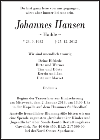 Traueranzeige von Johannes Hansen von Husumer Nachrichten