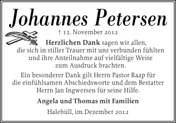 Traueranzeige von Johannes Petersen von Husumer Nachrichten