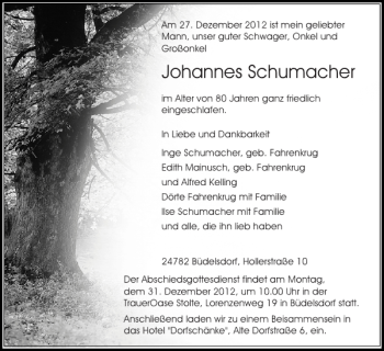 Traueranzeige von Johannes Schumacher von Landeszeitung