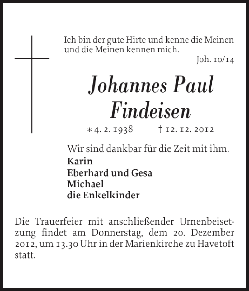  Traueranzeige für Johannes Paul Findeisen vom 15.12.2012 aus Schleswiger Nachrichten