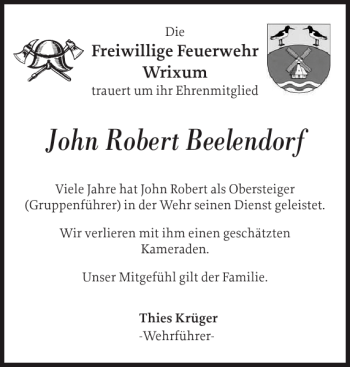 Traueranzeige von John Robert Beelendorf von Der Insel-Bote