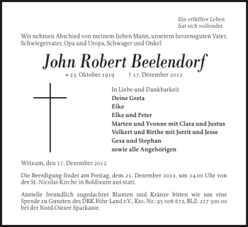 Traueranzeige von John Robert Beelendorf von Der Insel-Bote