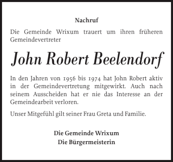 Traueranzeige von John Robert Beelendorf von Der Insel-Bote