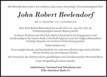 Traueranzeige von John Robert Beelendorf von Der Insel-Bote