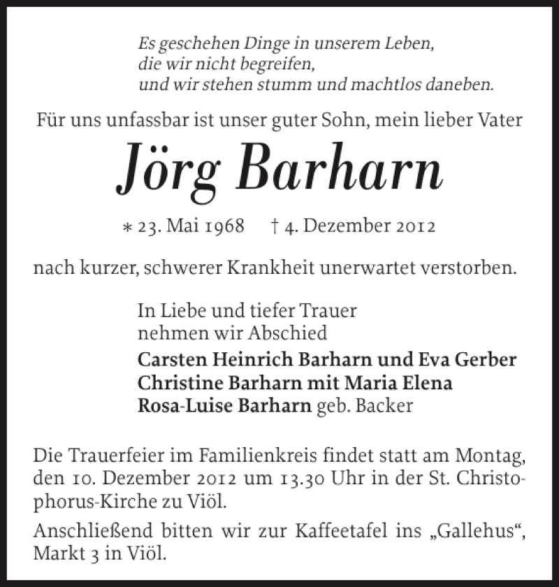  Traueranzeige für Jörg Barharn vom 08.12.2012 aus Husumer Nachrichten