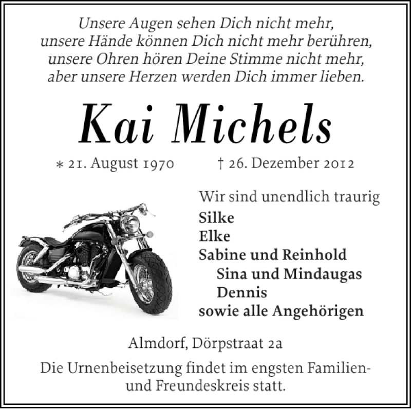  Traueranzeige für Kai Michels vom 29.12.2012 aus Husumer Nachrichten