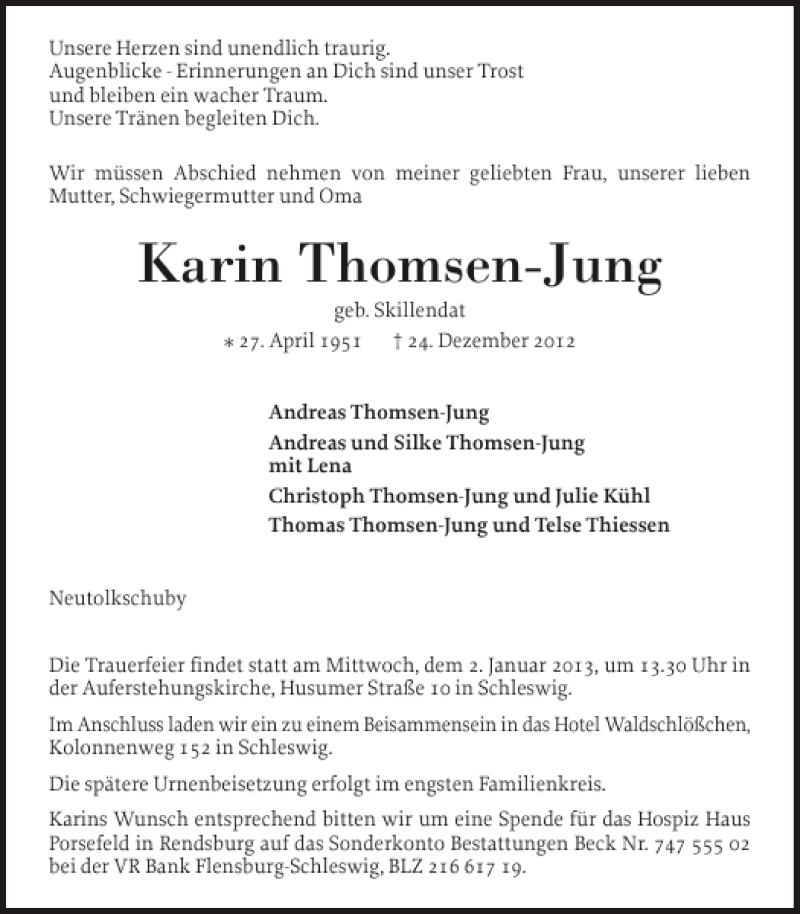  Traueranzeige für Karin Thomsen-Jung vom 29.12.2012 aus Schleswiger Nachrichten