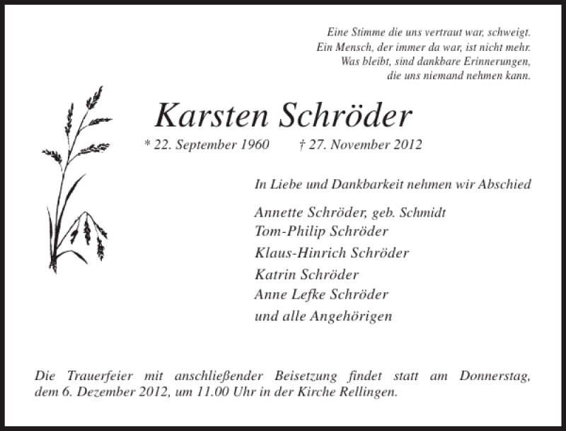  Traueranzeige für Karsten Schröder vom 01.12.2012 aus Pinneberger Tageblatt