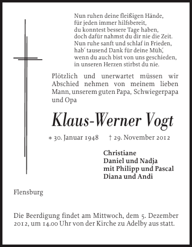  Traueranzeige für Klaus-Werner Vogt vom 03.12.2012 aus Flensburger Tageblatt