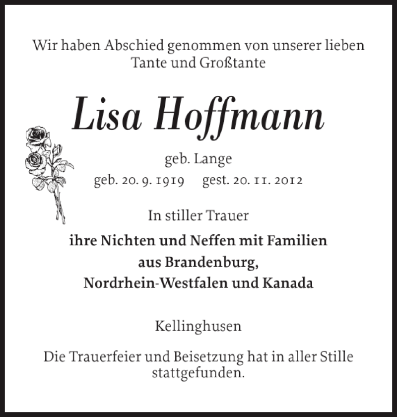  Traueranzeige für Lisa Hoffmann vom 08.12.2012 aus Norddeutsche Rundschau