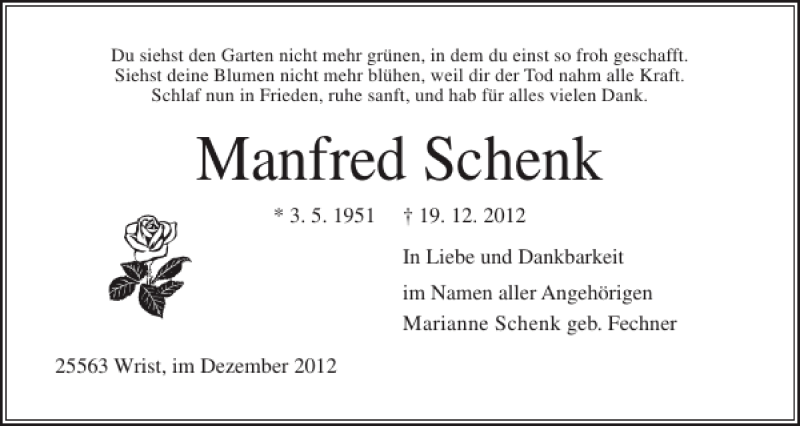  Traueranzeige für Manfred Schenk vom 22.12.2012 aus Norddeutsche Rundschau