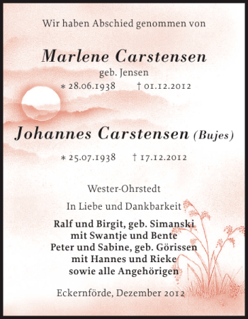 Traueranzeige von Marlene Carstensen Johannes Carstensen von Eckernförder Zeitung