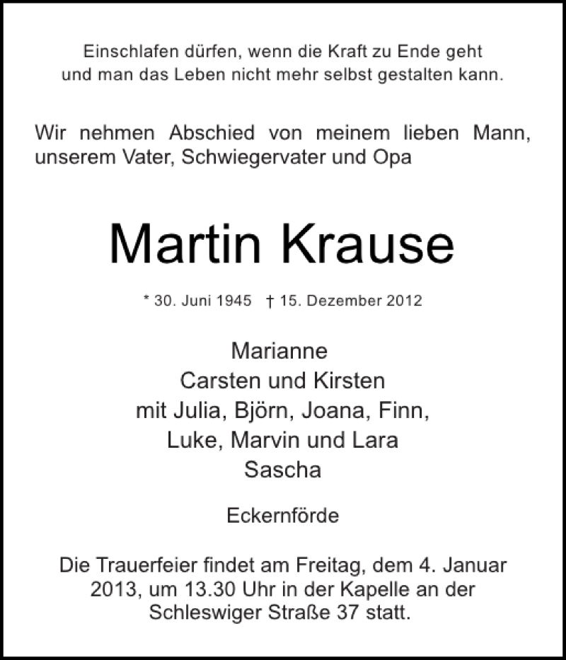  Traueranzeige für Martin Krause vom 22.12.2012 aus Eckernförder Zeitung