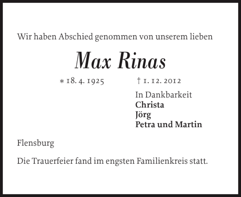  Traueranzeige für Max Rinas vom 14.12.2012 aus Flensburger Tageblatt