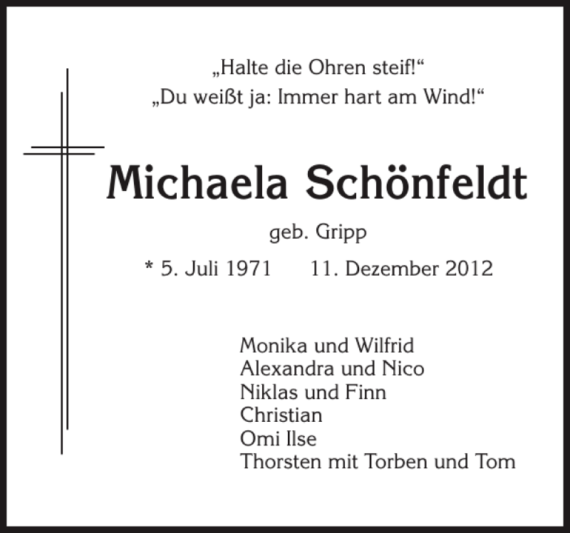  Traueranzeige für Michaela Schönfeldt vom 17.12.2012 aus Holsteinischer Courier