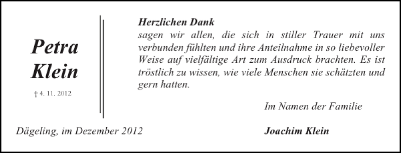 Traueranzeige für Petra Klein vom 01.12.2012 aus Norddeutsche Rundschau