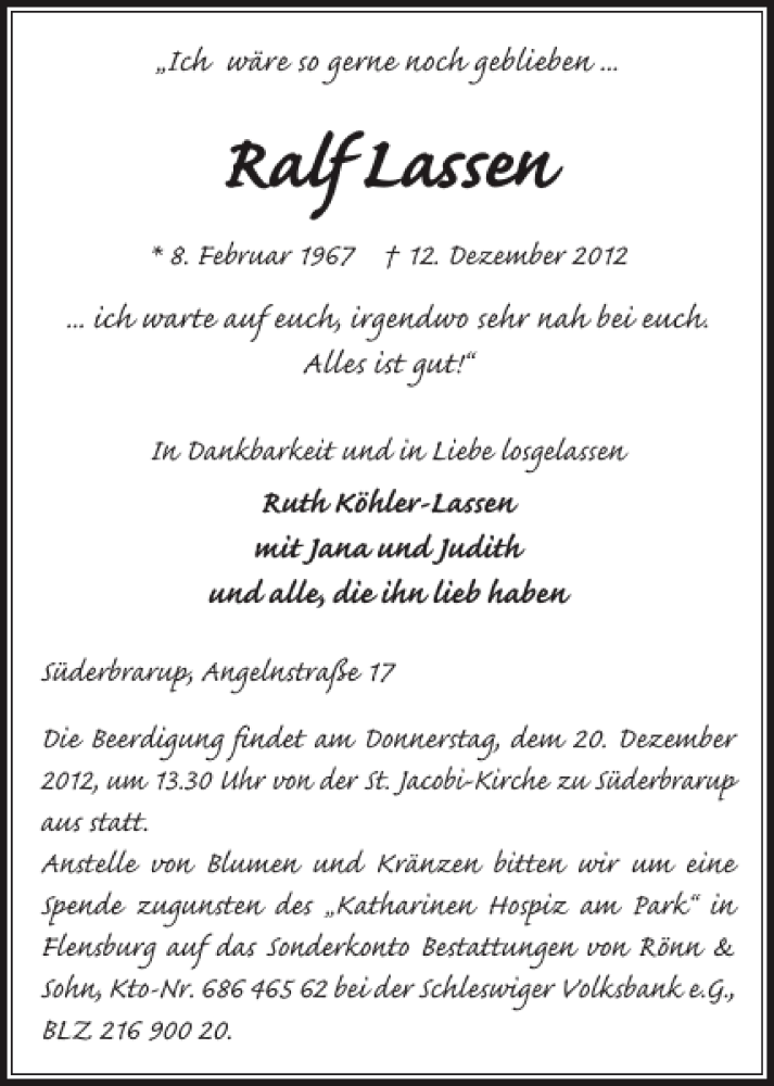  Traueranzeige für Ralf Lassen vom 15.12.2012 aus Flensburger Tageblatt