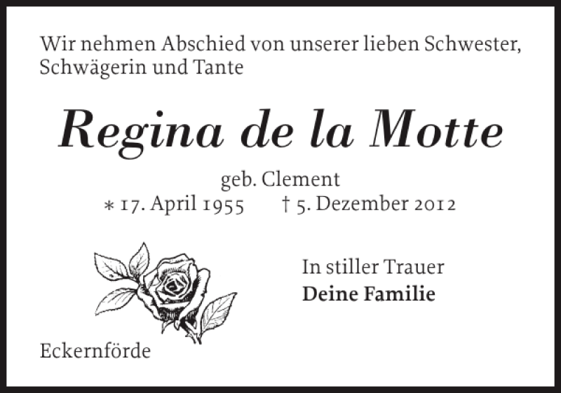  Traueranzeige für Regina de la Motte vom 15.12.2012 aus Eckernförder Zeitung