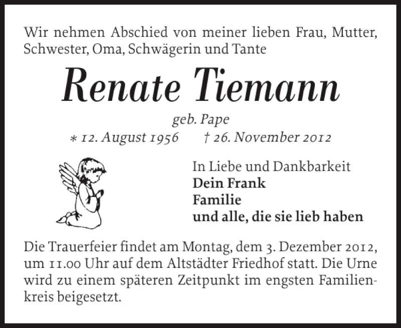  Traueranzeige für Renate Tiemann vom 01.12.2012 aus Landeszeitung
