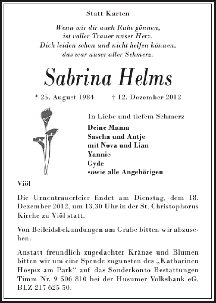  Traueranzeige für Sabrina Helms vom 15.12.2012 aus Flensburger Tageblatt