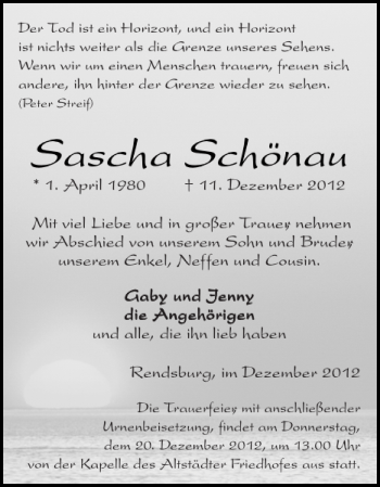 Traueranzeige von Sascha Schönau von Landeszeitung