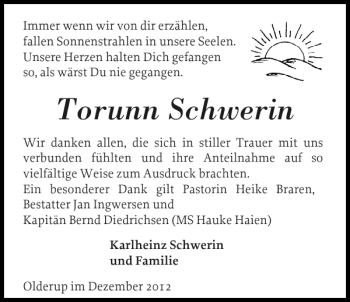 Traueranzeige von Torunn Schwerin von Husumer Nachrichten