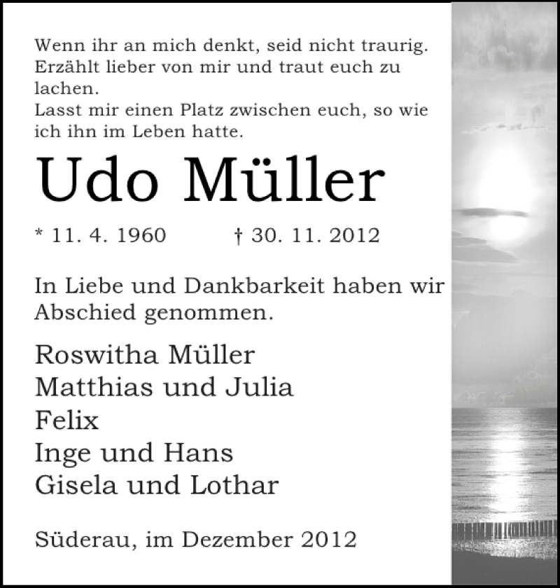 Traueranzeige für Udo Müller vom 05.12.2012 aus Norddeutsche Rundschau