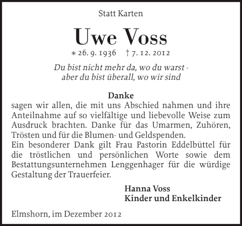  Traueranzeige für Uwe Voss vom 29.12.2012 aus Elmshorner Nachrichten
