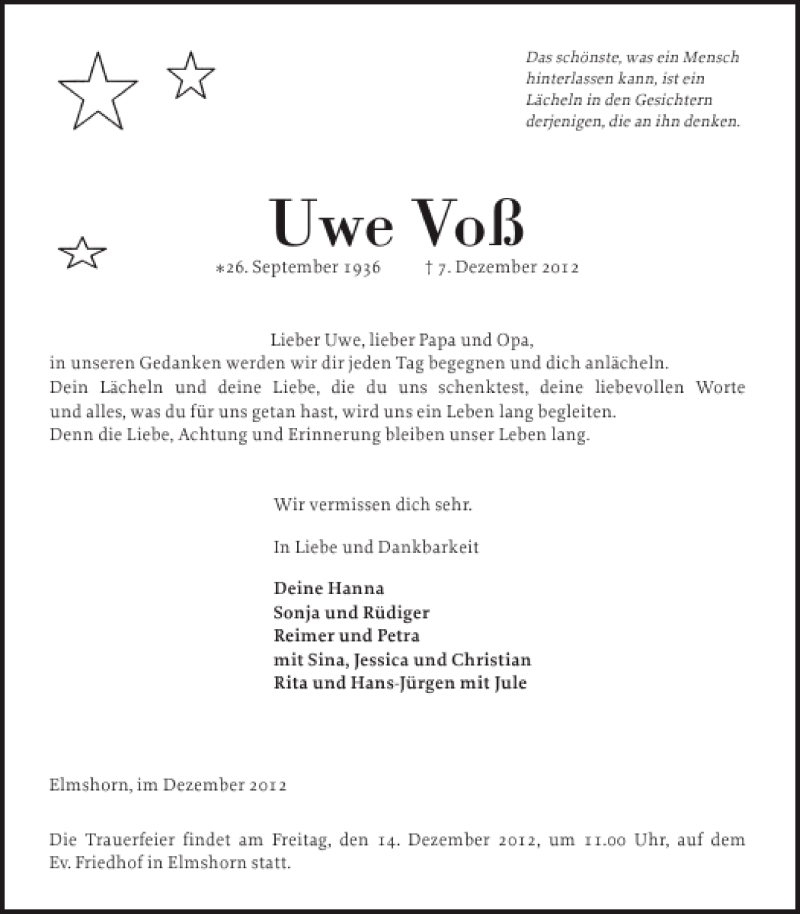  Traueranzeige für Uwe Voß vom 11.12.2012 aus Elmshorner Nachrichten