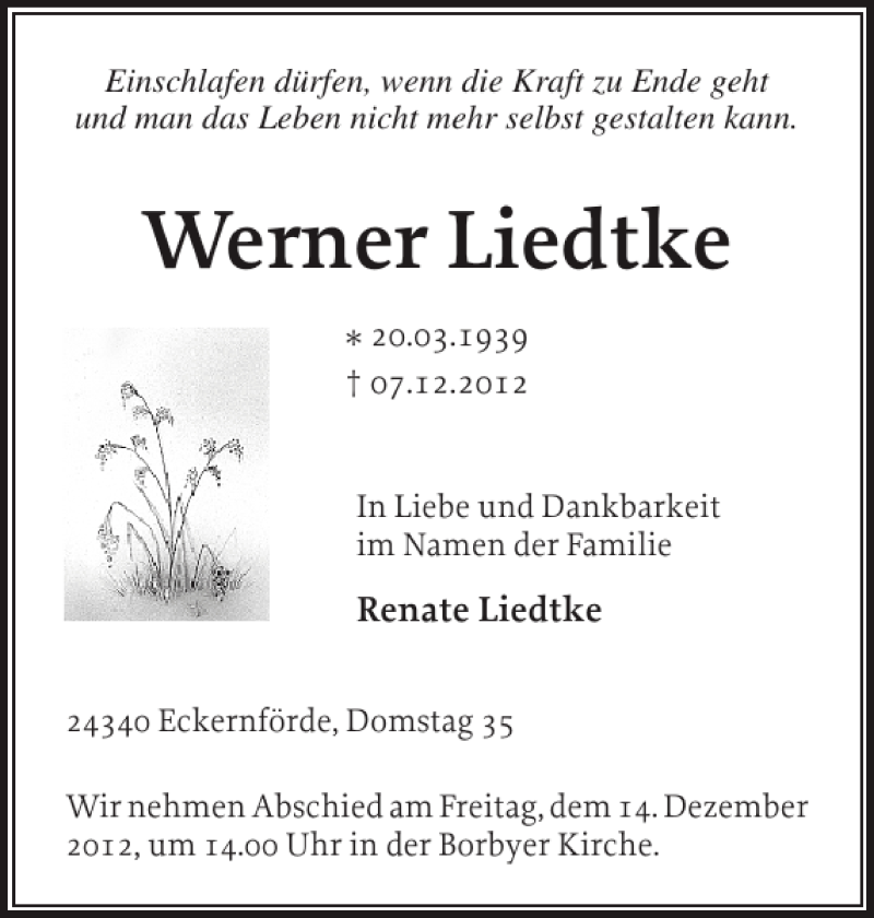  Traueranzeige für Werner Liedtke vom 11.12.2012 aus Eckernförder Zeitung
