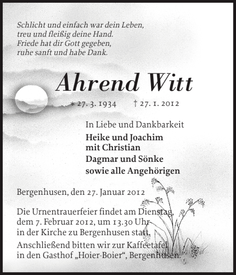  Traueranzeige für Ahrend Witt vom 03.02.2012 aus Landeszeitung