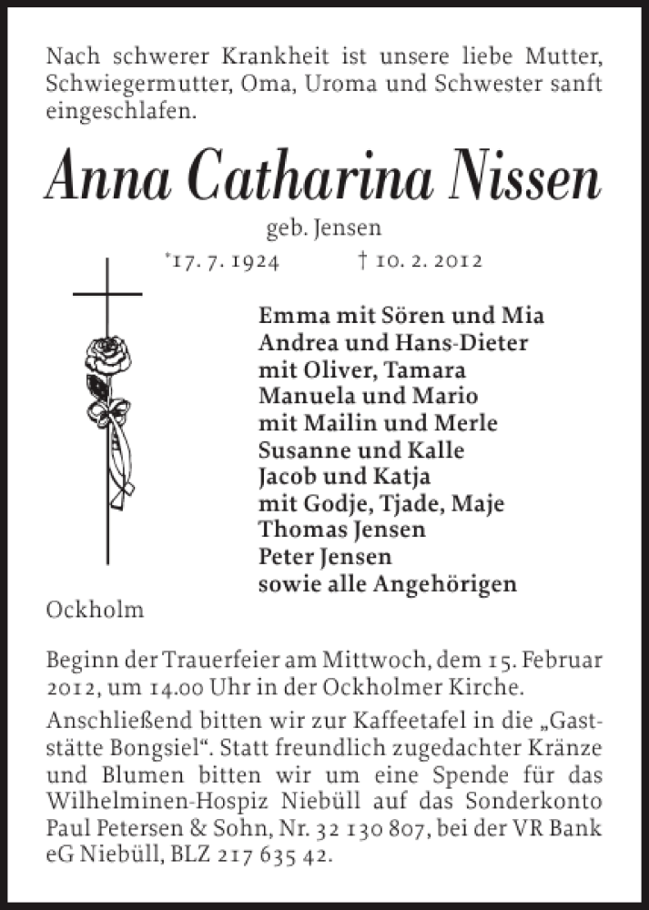  Traueranzeige für Anna Catharina Nissen vom 13.02.2012 aus Husumer Nachrichten