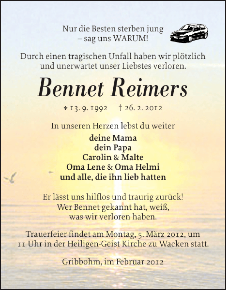  Traueranzeige für Bennet Reimers vom 29.02.2012 aus Norddeutsche Rundschau