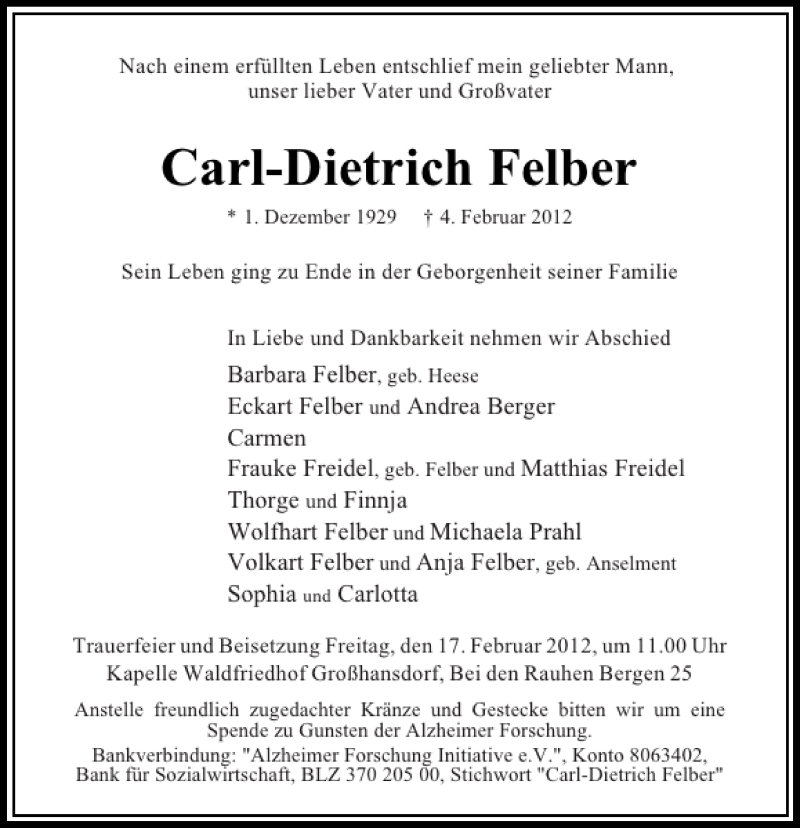  Traueranzeige für Carl-Dietrich Felber vom 15.02.2012 aus Flensburger Tageblatt