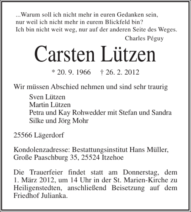  Traueranzeige für Carsten Lützen vom 29.02.2012 aus Norddeutsche Rundschau