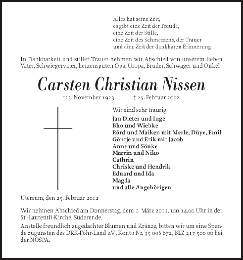  Traueranzeige für Carsten Christian Nissen vom 27.02.2012 aus Der Insel-Bote