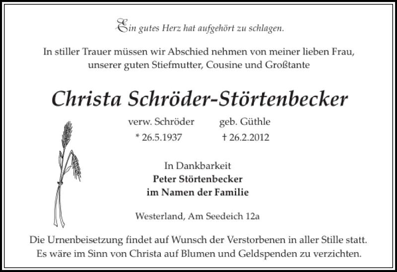 Traueranzeige für Christa Schröder-Störtenbecker vom 29.02.2012 aus Sylter Rundschau